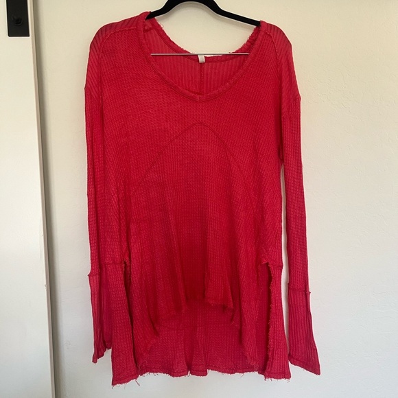 Free People Sunset Park Thermal Oversized Waffle Knit Red Coral Long Sleeve Boho - Picture 2 of 5